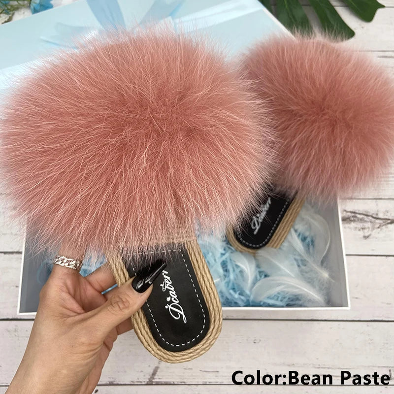 Fur Slippers Woman Flats Faux Straw Sandals Real Raccoon Fox Fur Summer Ladies Light Flip Flops 2024 Fashion New Beach Slides