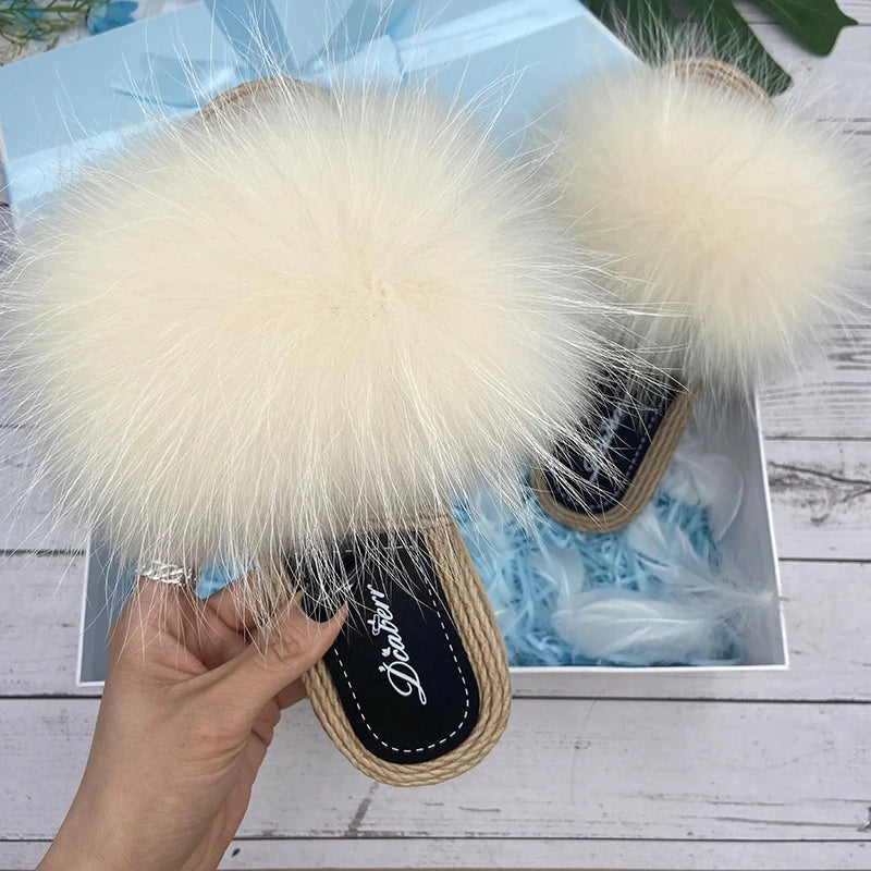 Fur Slippers Woman Flats Faux Straw Sandals Real Raccoon Fox Fur Summer Ladies Light Flip Flops 2024 Fashion New Beach Slides