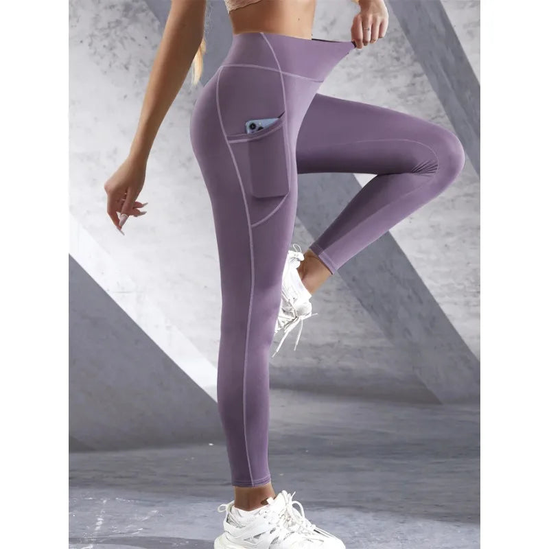 New High Waist Women's Leggings Stretch Yoga Pants Tights With Pockets Push Up Fitness Running Sportswear Solid Color Pants