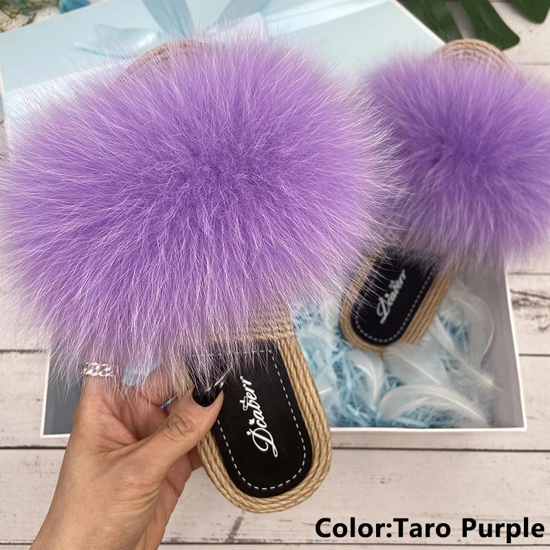 Fur Slippers Woman Flats Faux Straw Sandals Real Raccoon Fox Fur Summer Ladies Light Flip Flops 2024 Fashion New Beach Slides
