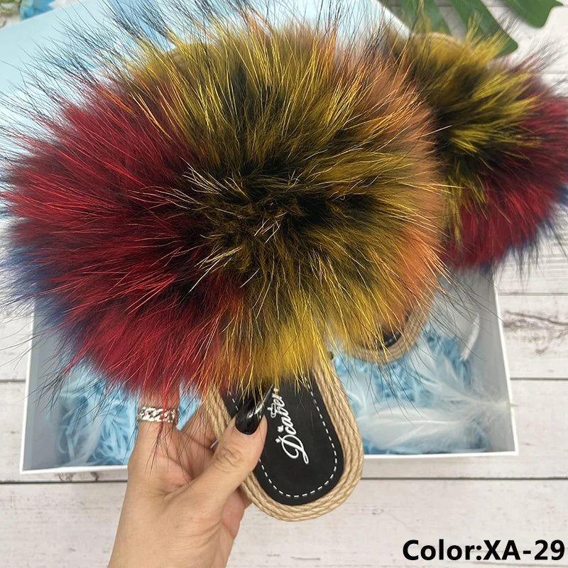 Fur Slippers Woman Flats Faux Straw Sandals Real Raccoon Fox Fur Summer Ladies Light Flip Flops 2024 Fashion New Beach Slides