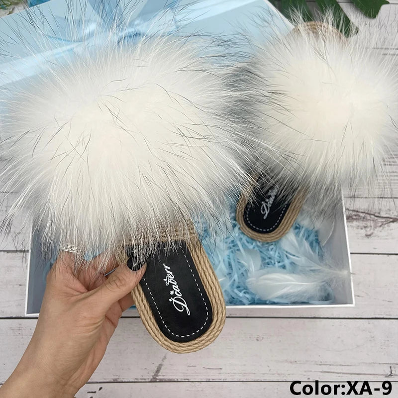 Fur Slippers Woman Flats Faux Straw Sandals Real Raccoon Fox Fur Summer Ladies Light Flip Flops 2024 Fashion New Beach Slides