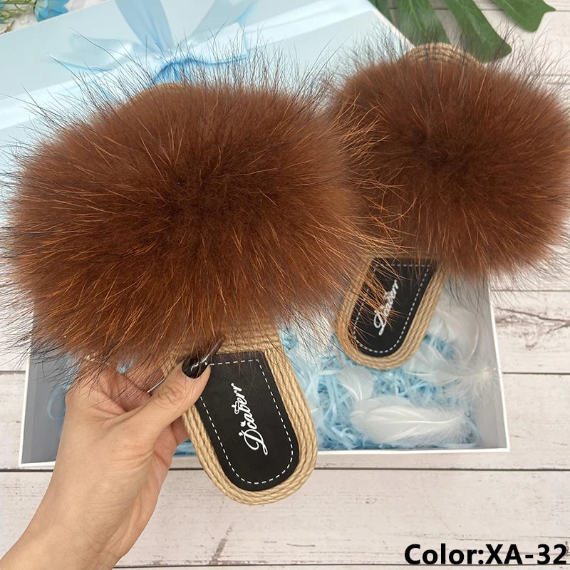 Fur Slippers Woman Flats Faux Straw Sandals Real Raccoon Fox Fur Summer Ladies Light Flip Flops 2024 Fashion New Beach Slides