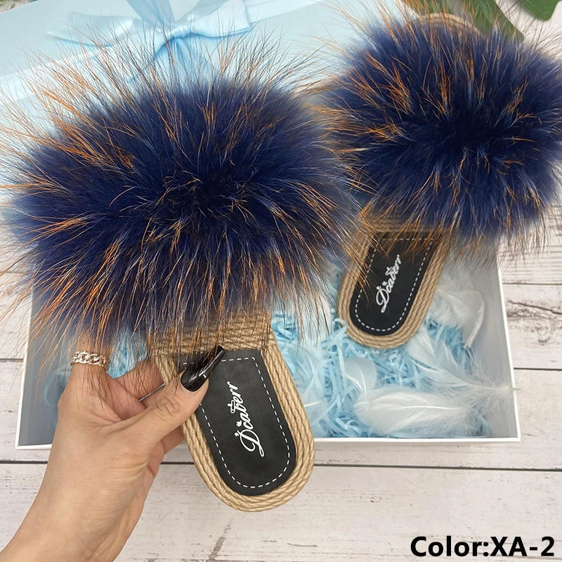 Fur Slippers Woman Flats Faux Straw Sandals Real Raccoon Fox Fur Summer Ladies Light Flip Flops 2024 Fashion New Beach Slides