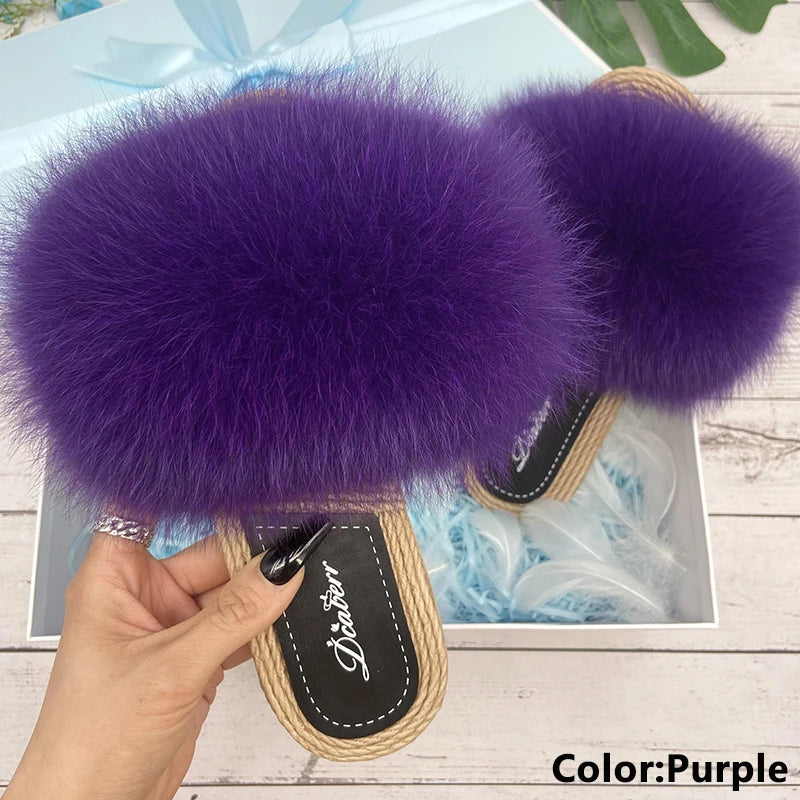 Fur Slippers Woman Flats Faux Straw Sandals Real Raccoon Fox Fur Summer Ladies Light Flip Flops 2024 Fashion New Beach Slides