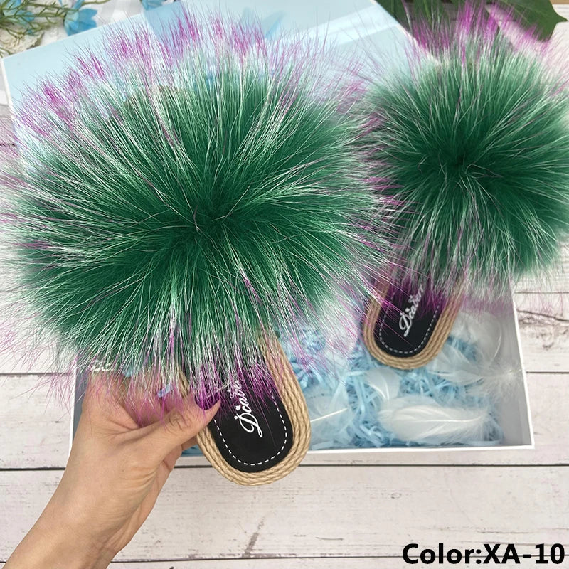 Fur Slippers Woman Flats Faux Straw Sandals Real Raccoon Fox Fur Summer Ladies Light Flip Flops 2024 Fashion New Beach Slides