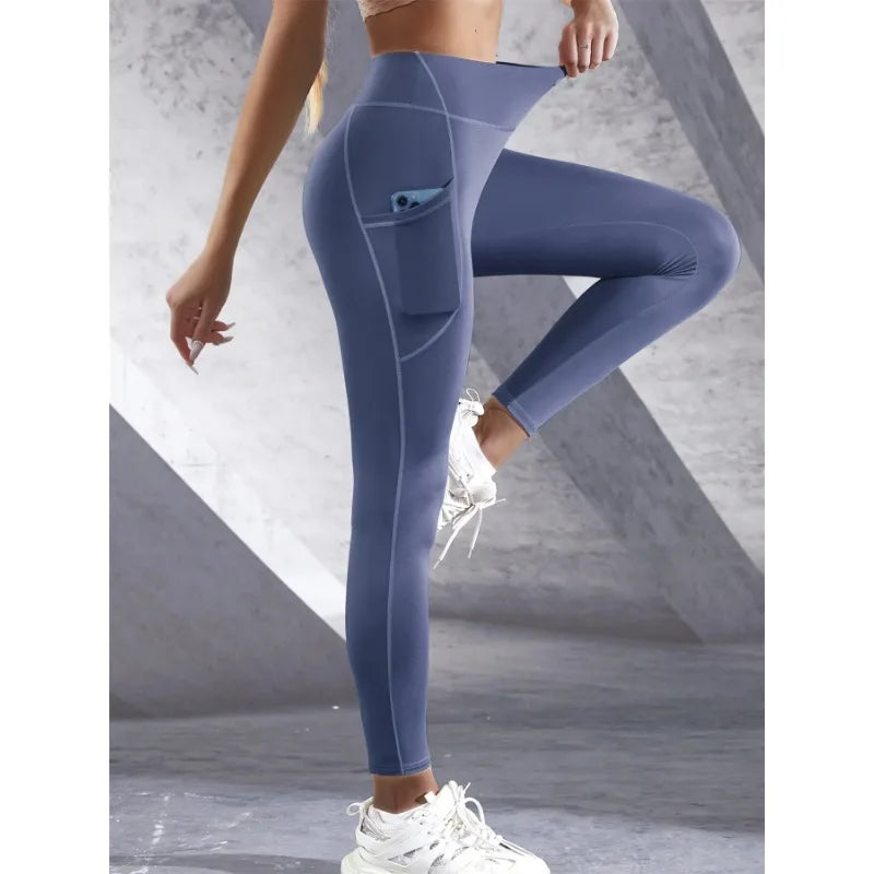 New High Waist Women's Leggings Stretch Yoga Pants Tights With Pockets Push Up Fitness Running Sportswear Solid Color Pants