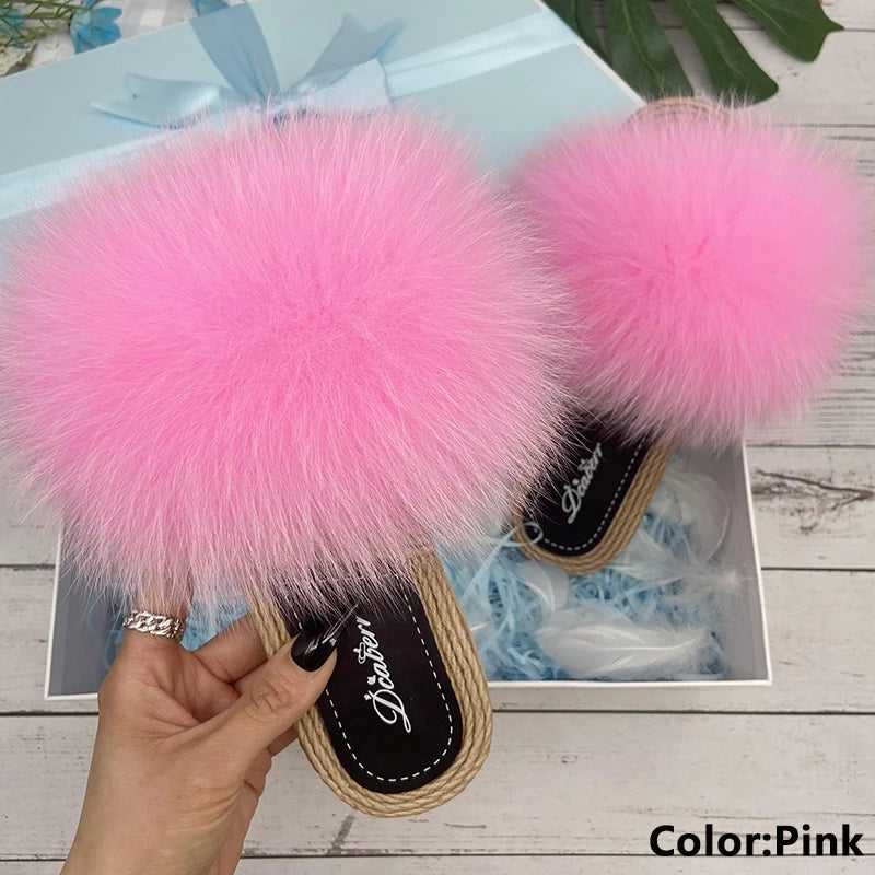 Fur Slippers Woman Flats Faux Straw Sandals Real Raccoon Fox Fur Summer Ladies Light Flip Flops 2024 Fashion New Beach Slides