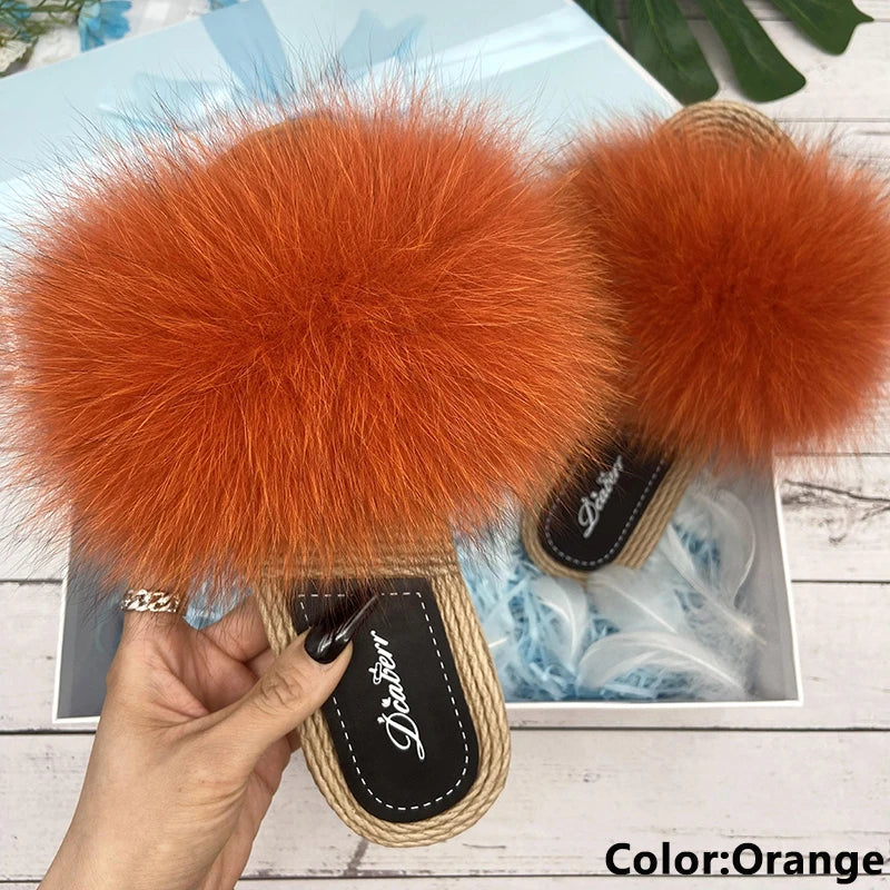 Fur Slippers Woman Flats Faux Straw Sandals Real Raccoon Fox Fur Summer Ladies Light Flip Flops 2024 Fashion New Beach Slides