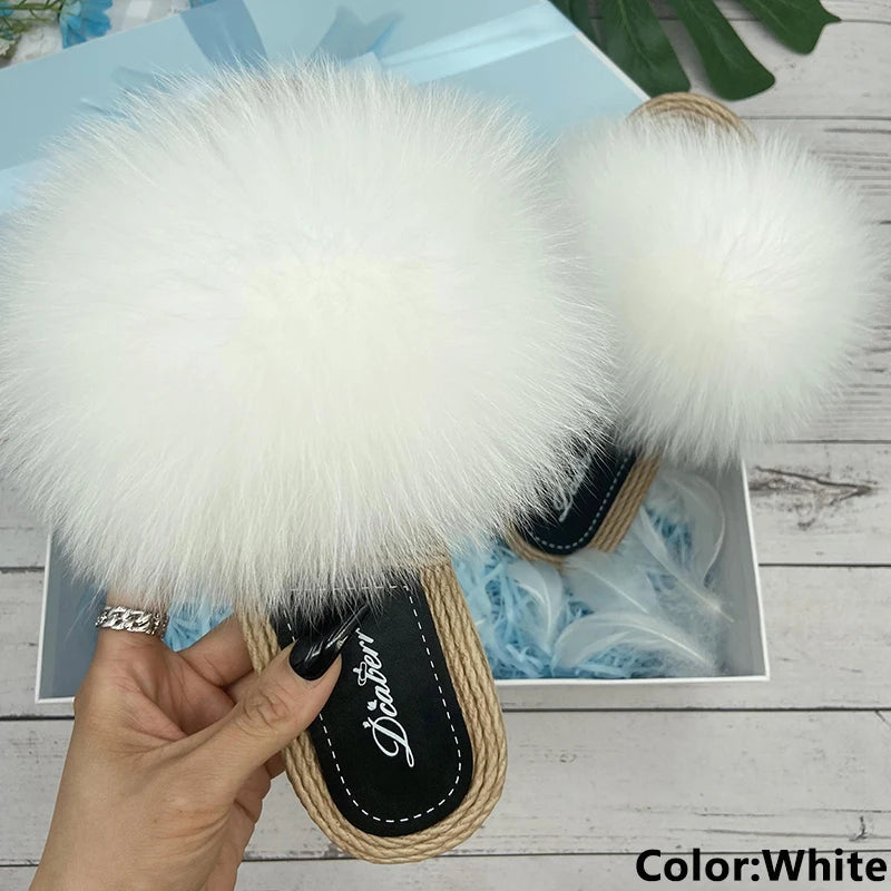 Fur Slippers Woman Flats Faux Straw Sandals Real Raccoon Fox Fur Summer Ladies Light Flip Flops 2024 Fashion New Beach Slides