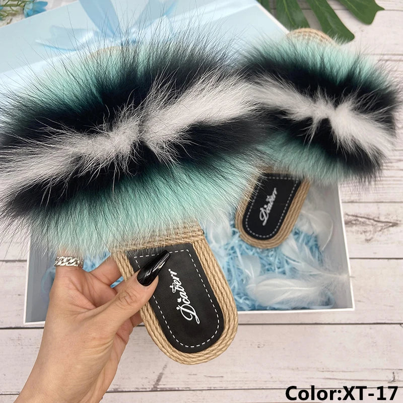 Fur Slippers Woman Flats Faux Straw Sandals Real Raccoon Fox Fur Summer Ladies Light Flip Flops 2024 Fashion New Beach Slides