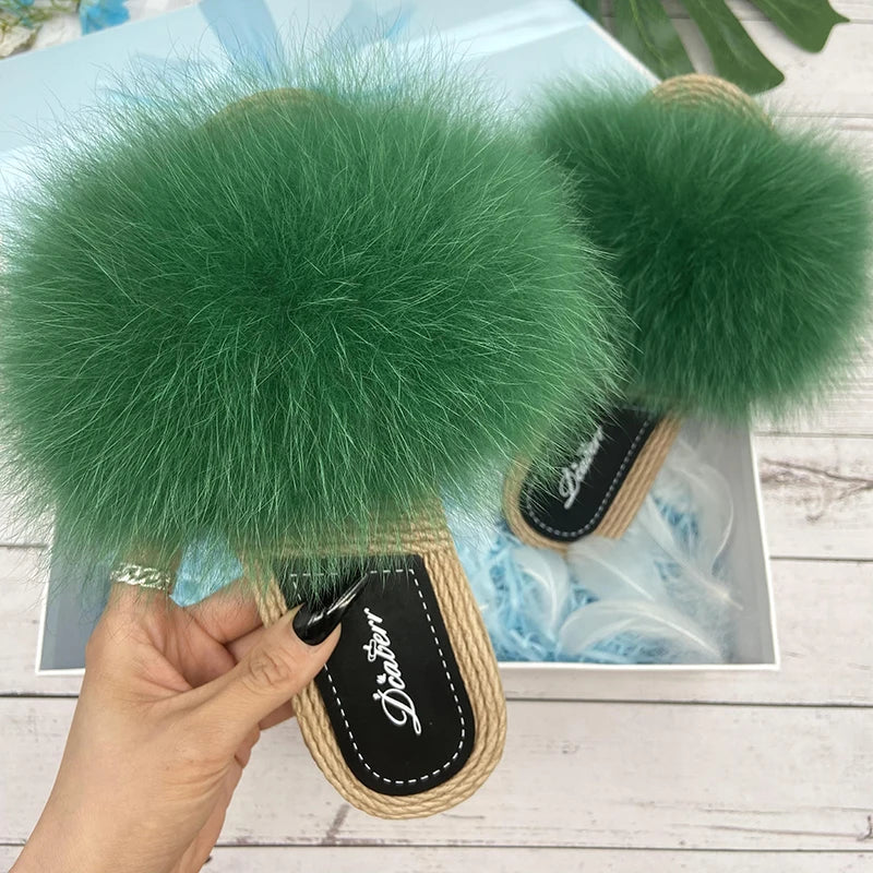 Fur Slippers Woman Flats Faux Straw Sandals Real Raccoon Fox Fur Summer Ladies Light Flip Flops 2024 Fashion New Beach Slides