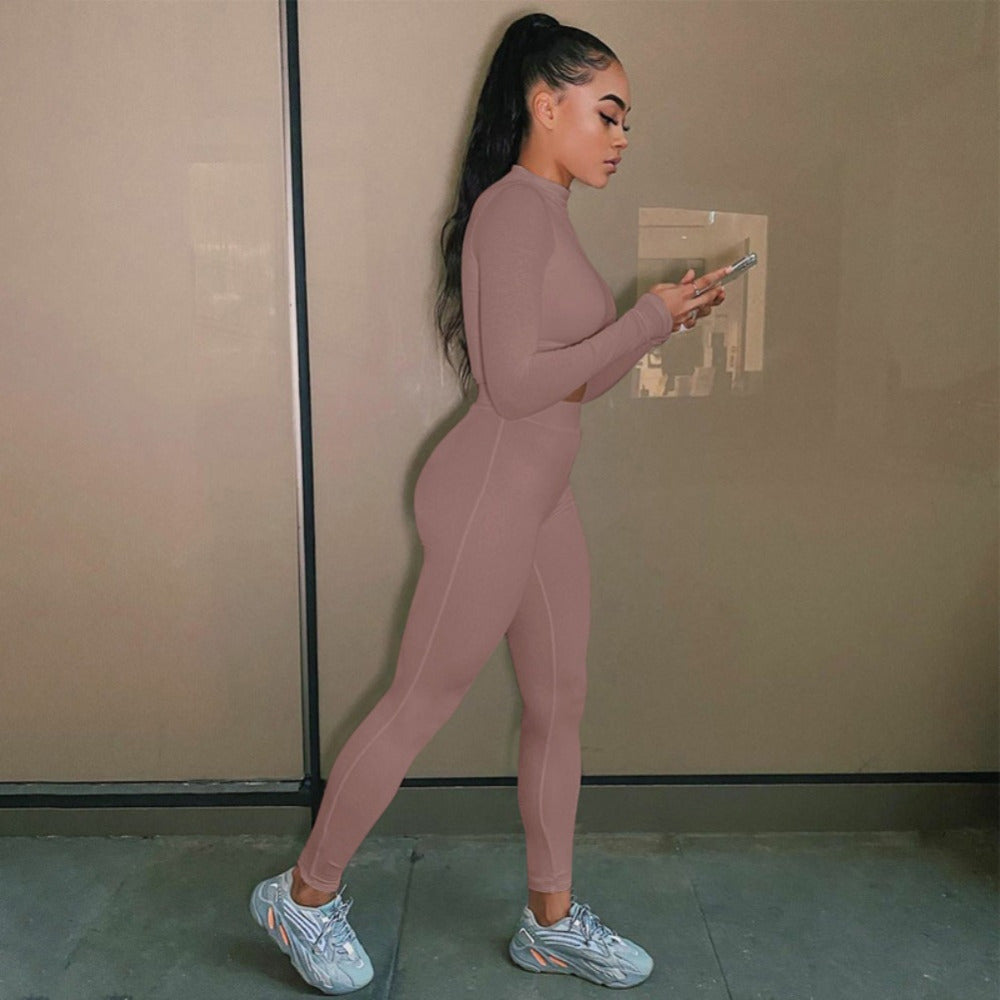 Two Piece Sets Women Solid Autumn Tracksuits High Waist Stretchy Sportswear Hot Crop Tops And Leggings Matching Outfits