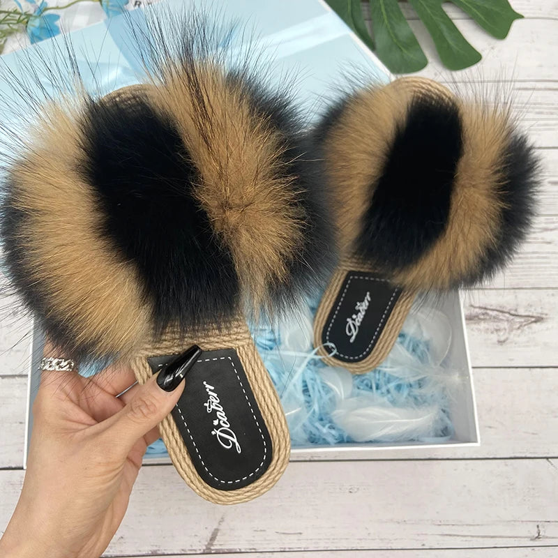 Fur Slippers Woman Flats Faux Straw Sandals Real Raccoon Fox Fur Summer Ladies Light Flip Flops 2024 Fashion New Beach Slides