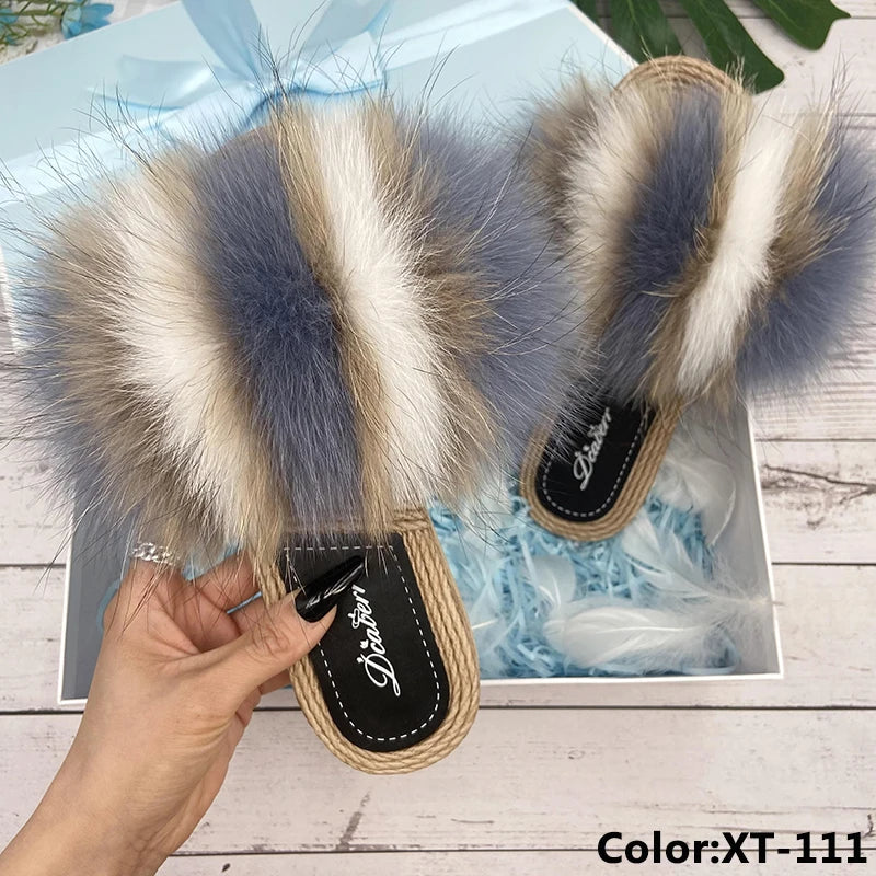 Fur Slippers Woman Flats Faux Straw Sandals Real Raccoon Fox Fur Summer Ladies Light Flip Flops 2024 Fashion New Beach Slides