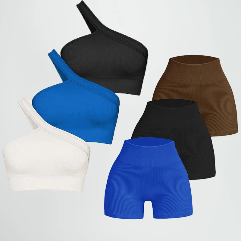 New 2024 Woman Thread Fitness Shorts Sets Skinny Stretch High Waist Sexy Shorts Sets Running Outdoors Casual Fashion Top Women