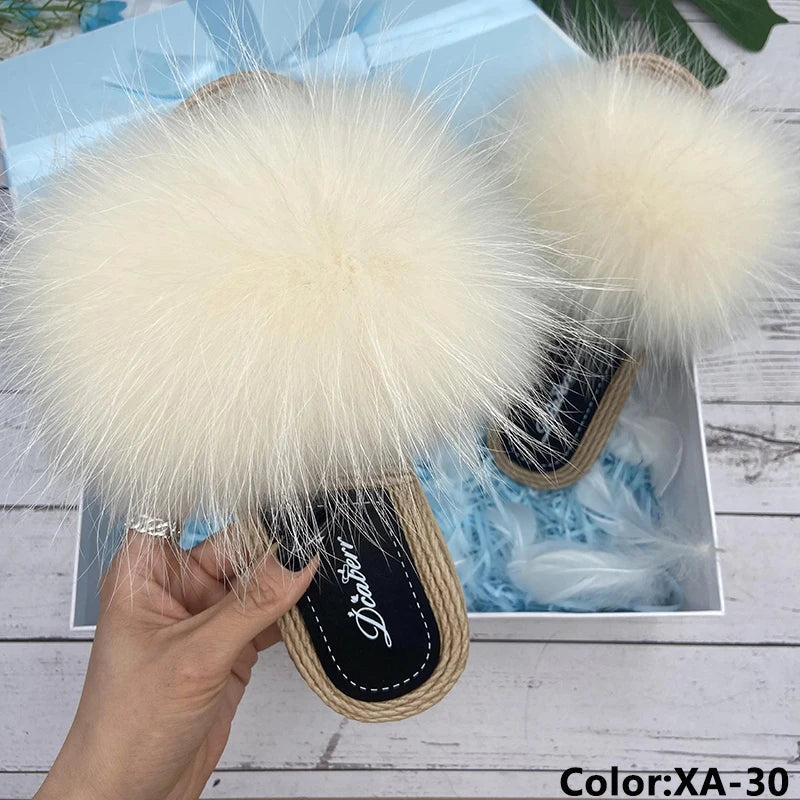 Fur Slippers Woman Flats Faux Straw Sandals Real Raccoon Fox Fur Summer Ladies Light Flip Flops 2024 Fashion New Beach Slides