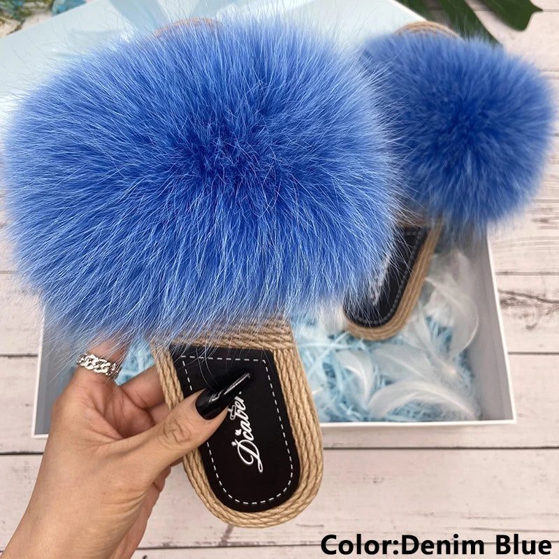 Fur Slippers Woman Flats Faux Straw Sandals Real Raccoon Fox Fur Summer Ladies Light Flip Flops 2024 Fashion New Beach Slides