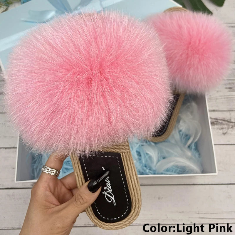 Fur Slippers Woman Flats Faux Straw Sandals Real Raccoon Fox Fur Summer Ladies Light Flip Flops 2024 Fashion New Beach Slides