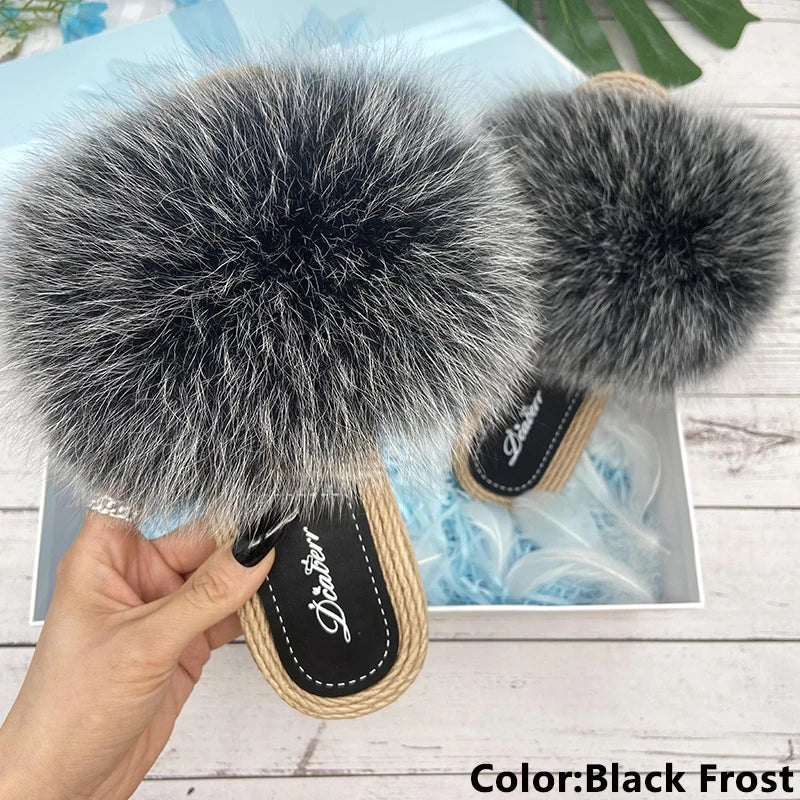Fur Slippers Woman Flats Faux Straw Sandals Real Raccoon Fox Fur Summer Ladies Light Flip Flops 2024 Fashion New Beach Slides