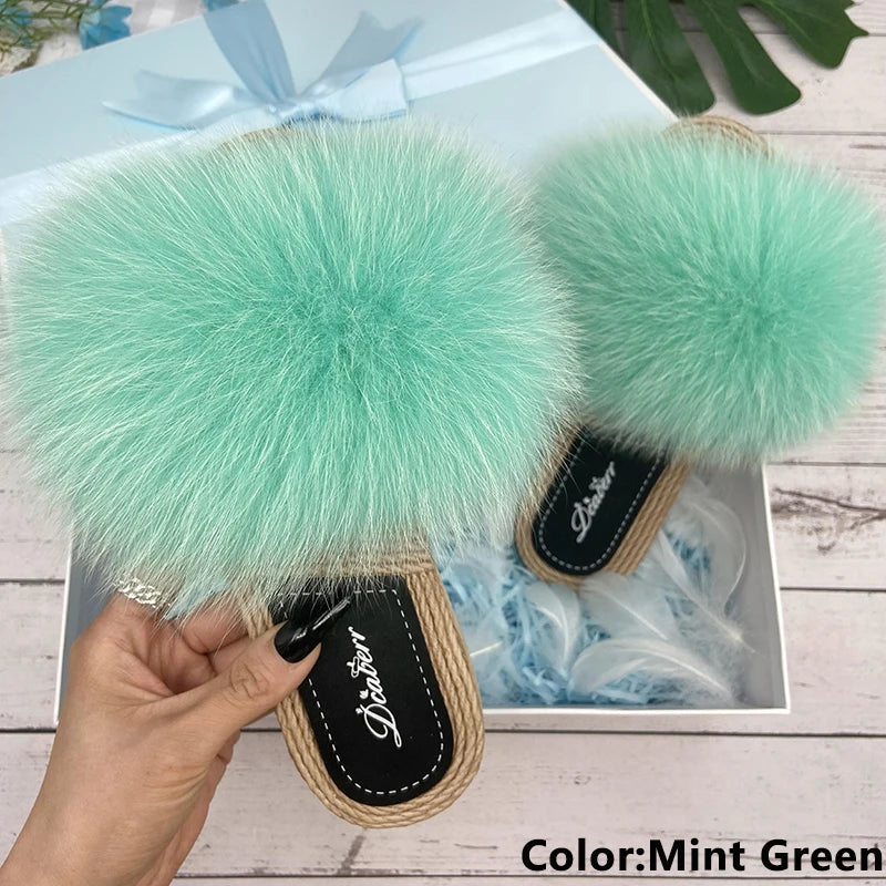 Fur Slippers Woman Flats Faux Straw Sandals Real Raccoon Fox Fur Summer Ladies Light Flip Flops 2024 Fashion New Beach Slides