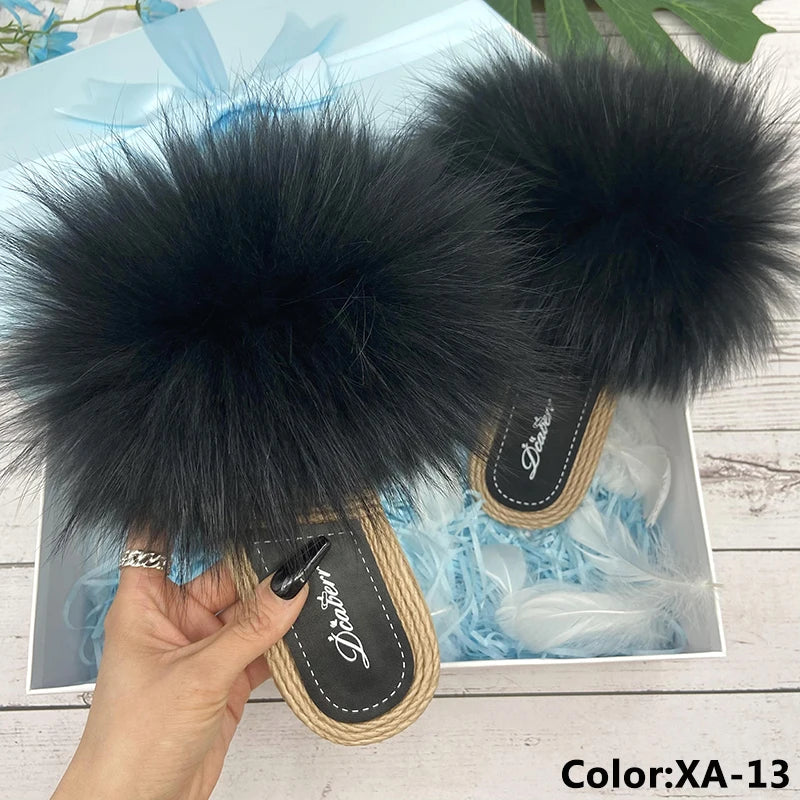 Fur Slippers Woman Flats Faux Straw Sandals Real Raccoon Fox Fur Summer Ladies Light Flip Flops 2024 Fashion New Beach Slides