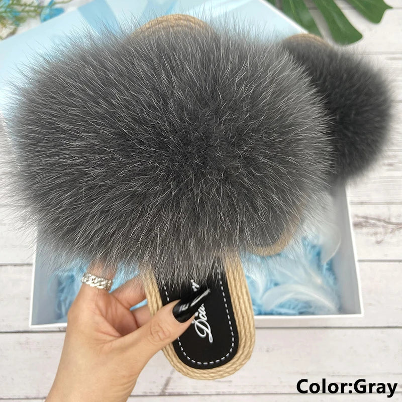 Fur Slippers Woman Flats Faux Straw Sandals Real Raccoon Fox Fur Summer Ladies Light Flip Flops 2024 Fashion New Beach Slides