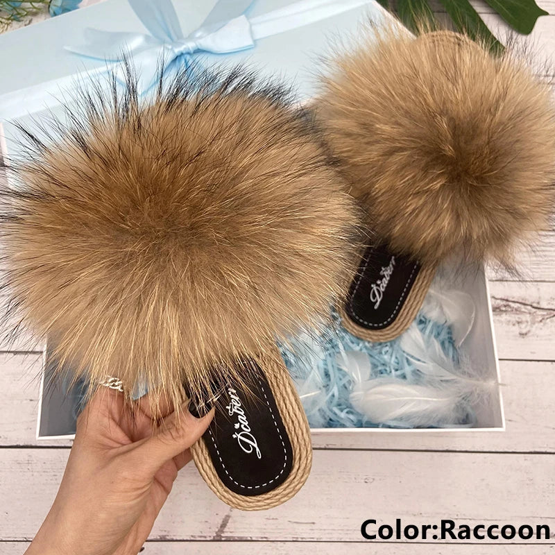 Fur Slippers Woman Flats Faux Straw Sandals Real Raccoon Fox Fur Summer Ladies Light Flip Flops 2024 Fashion New Beach Slides