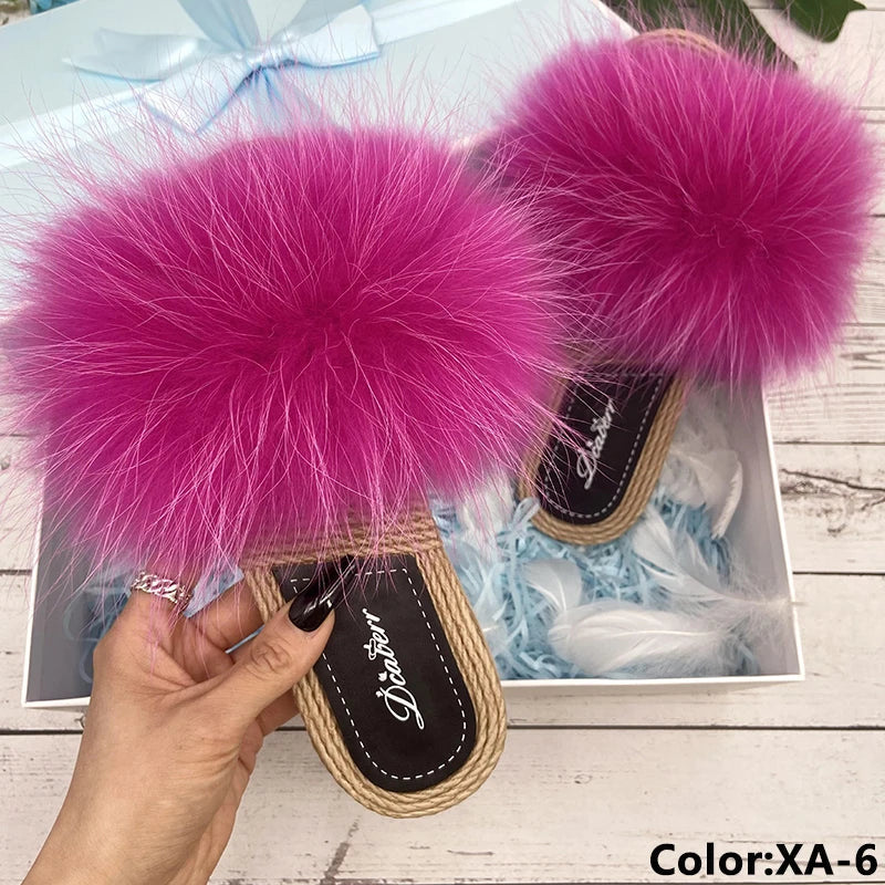 Fur Slippers Woman Flats Faux Straw Sandals Real Raccoon Fox Fur Summer Ladies Light Flip Flops 2024 Fashion New Beach Slides