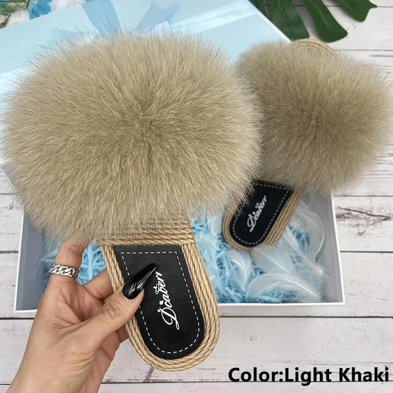 Fur Slippers Woman Flats Faux Straw Sandals Real Raccoon Fox Fur Summer Ladies Light Flip Flops 2024 Fashion New Beach Slides