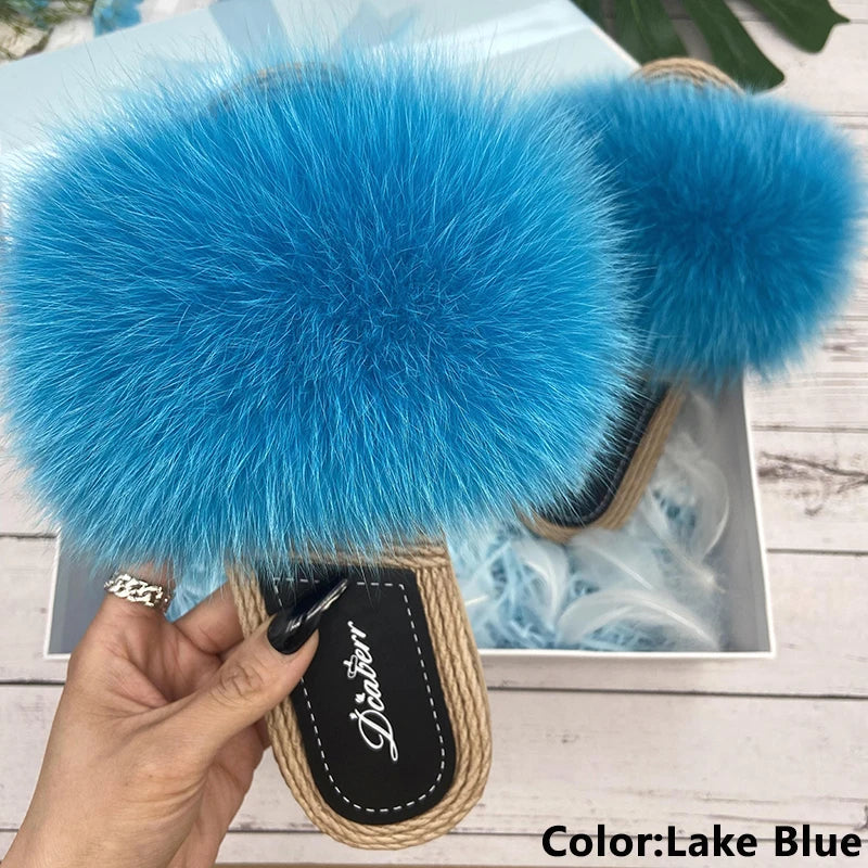 Fur Slippers Woman Flats Faux Straw Sandals Real Raccoon Fox Fur Summer Ladies Light Flip Flops 2024 Fashion New Beach Slides