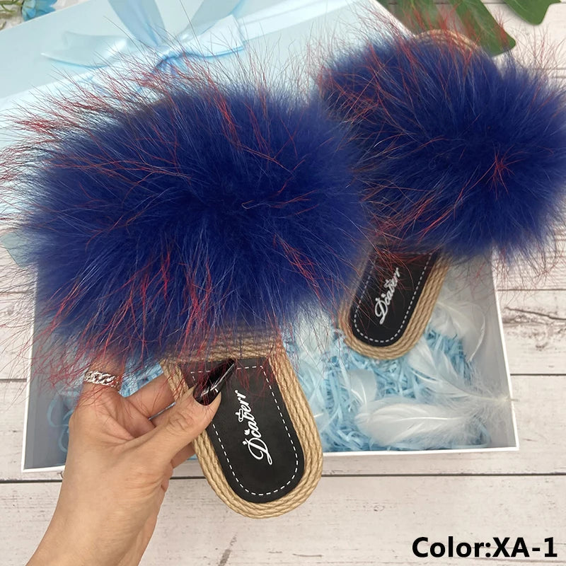Fur Slippers Woman Flats Faux Straw Sandals Real Raccoon Fox Fur Summer Ladies Light Flip Flops 2024 Fashion New Beach Slides