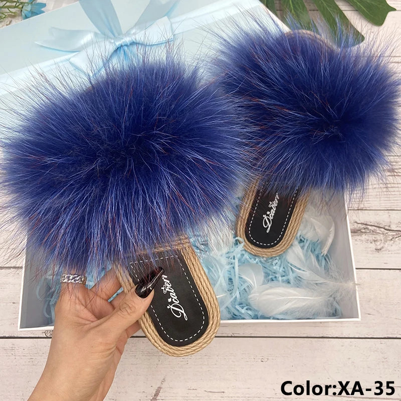 Fur Slippers Woman Flats Faux Straw Sandals Real Raccoon Fox Fur Summer Ladies Light Flip Flops 2024 Fashion New Beach Slides