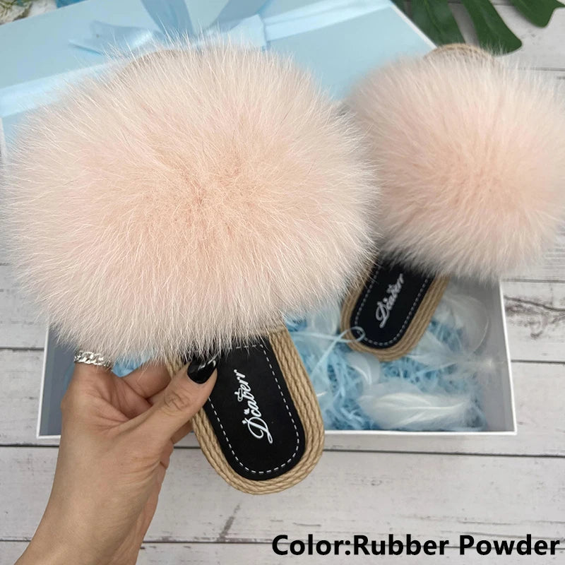 Fur Slippers Woman Flats Faux Straw Sandals Real Raccoon Fox Fur Summer Ladies Light Flip Flops 2024 Fashion New Beach Slides