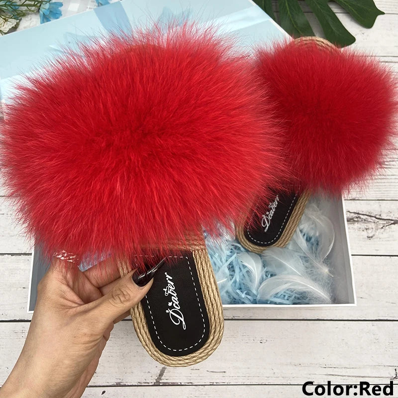 Fur Slippers Woman Flats Faux Straw Sandals Real Raccoon Fox Fur Summer Ladies Light Flip Flops 2024 Fashion New Beach Slides