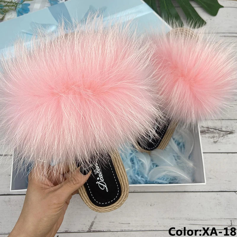Fur Slippers Woman Flats Faux Straw Sandals Real Raccoon Fox Fur Summer Ladies Light Flip Flops 2024 Fashion New Beach Slides