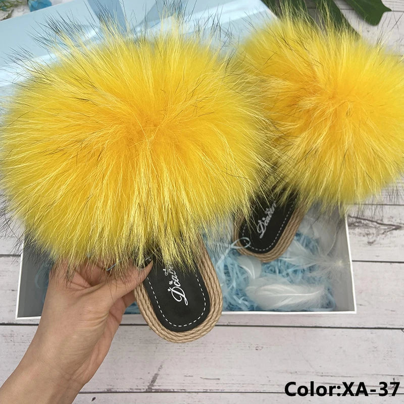 Fur Slippers Woman Flats Faux Straw Sandals Real Raccoon Fox Fur Summer Ladies Light Flip Flops 2024 Fashion New Beach Slides