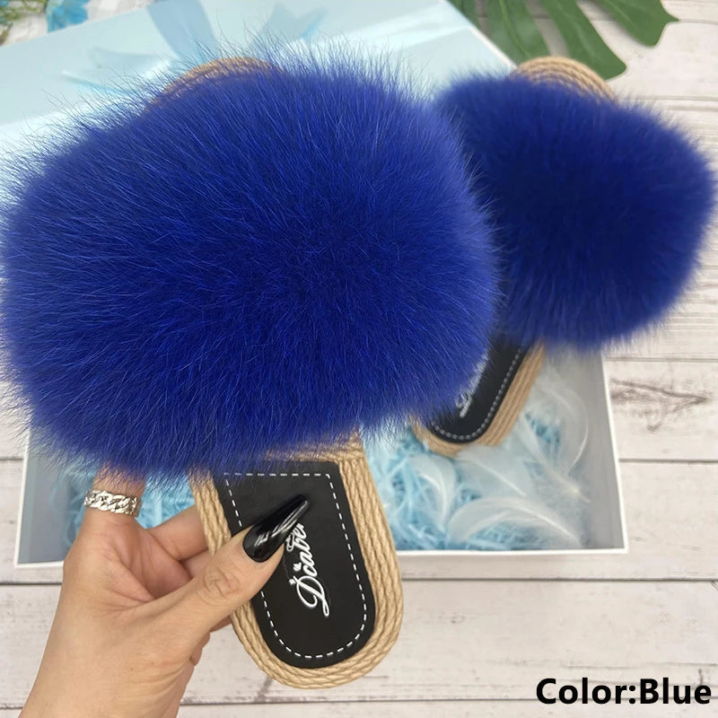 Fur Slippers Woman Flats Faux Straw Sandals Real Raccoon Fox Fur Summer Ladies Light Flip Flops 2024 Fashion New Beach Slides