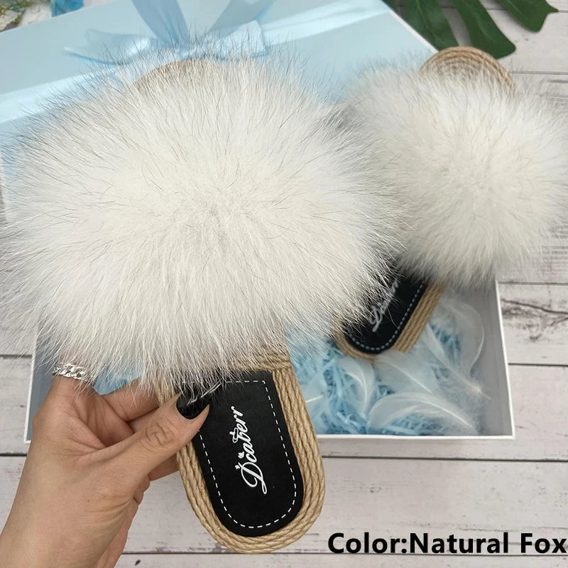 Fur Slippers Woman Flats Faux Straw Sandals Real Raccoon Fox Fur Summer Ladies Light Flip Flops 2024 Fashion New Beach Slides