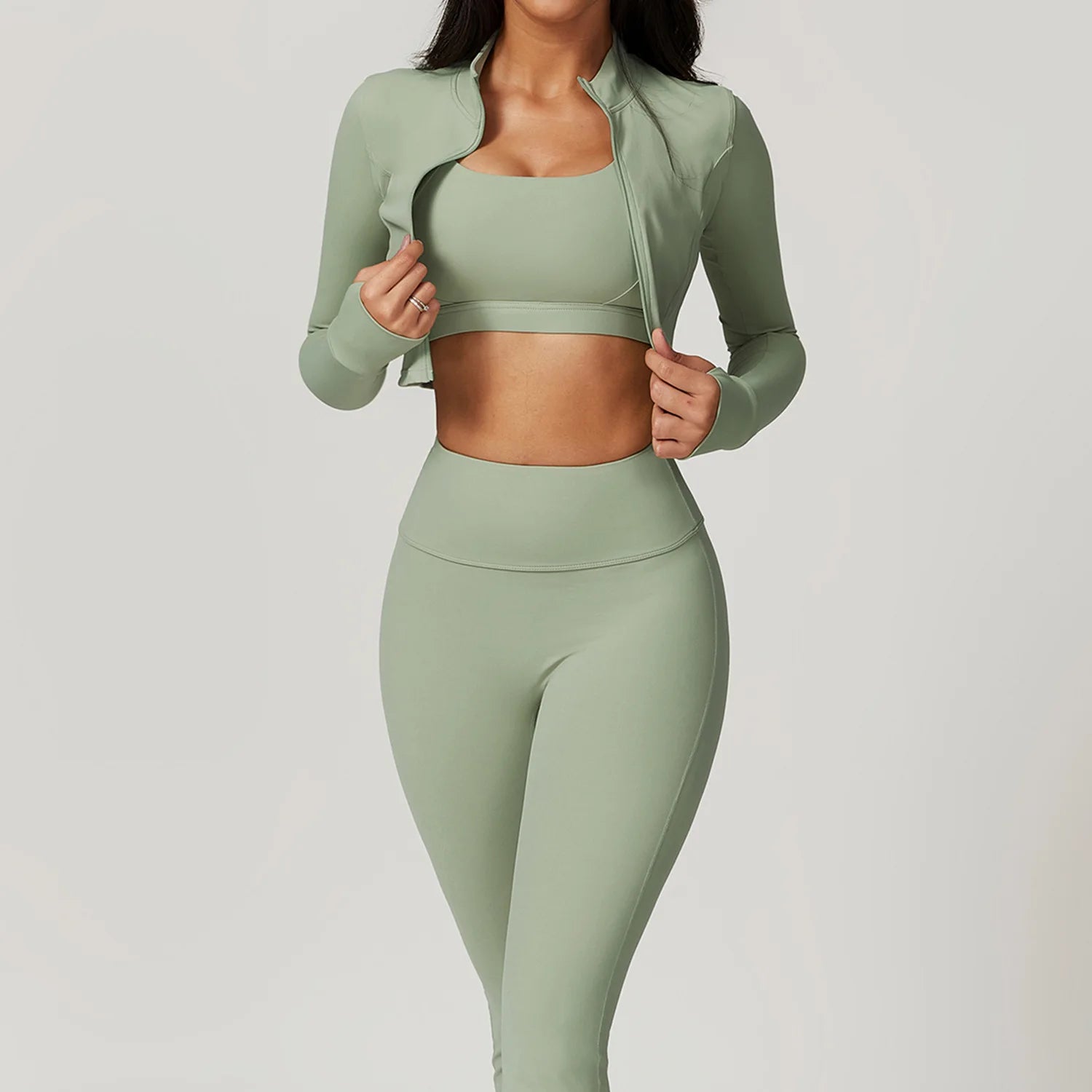 3PCS Yoga Set Women Workout Sets Sportswear Gym Clothing Fitness zipper Long Sleeve High Waist Leggings Sports Suits Yoga Suit