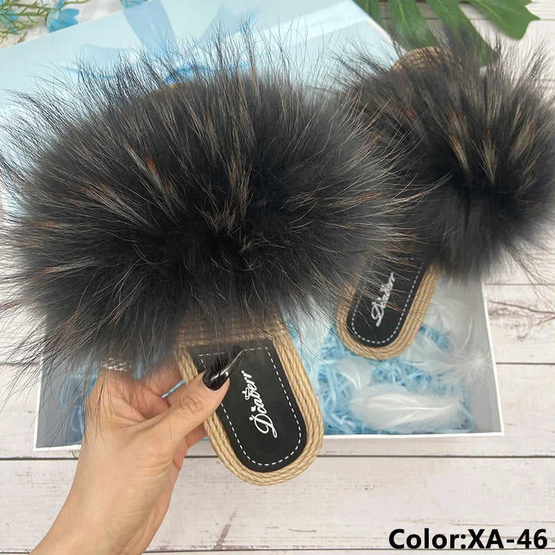 Fur Slippers Woman Flats Faux Straw Sandals Real Raccoon Fox Fur Summer Ladies Light Flip Flops 2024 Fashion New Beach Slides
