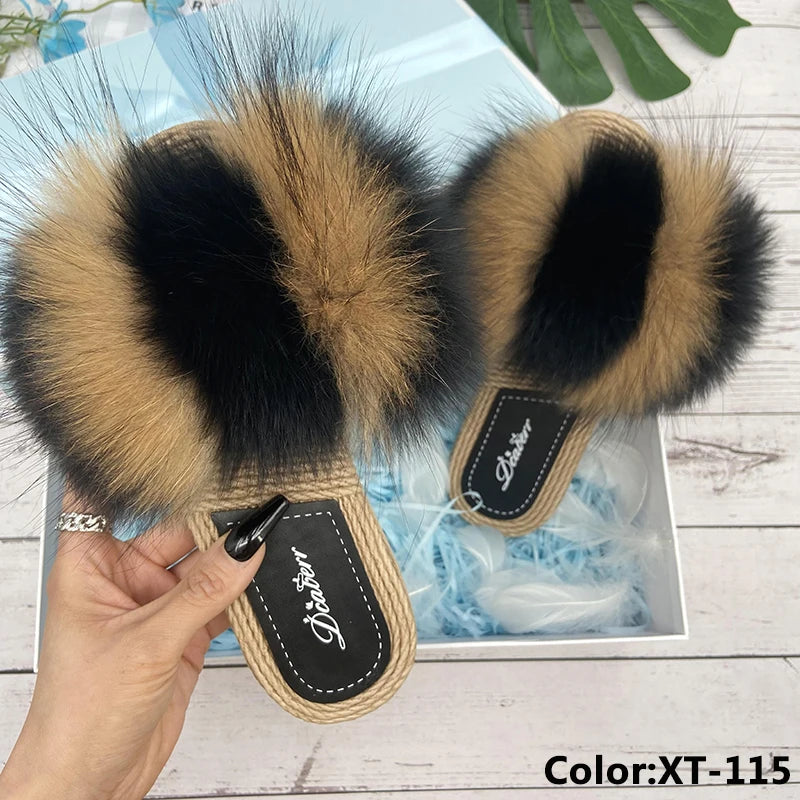 Fur Slippers Woman Flats Faux Straw Sandals Real Raccoon Fox Fur Summer Ladies Light Flip Flops 2024 Fashion New Beach Slides