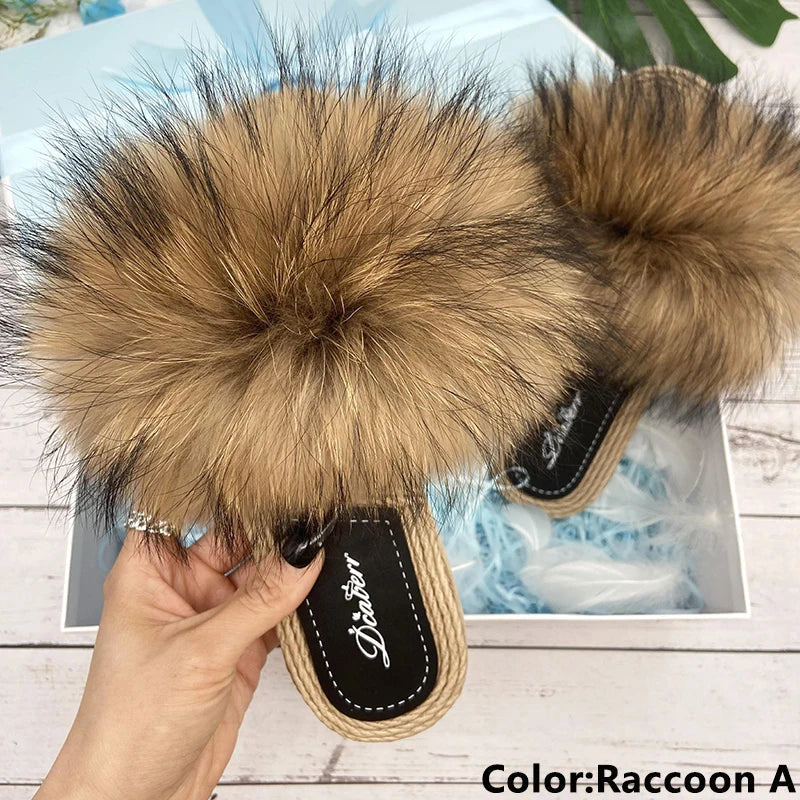 Fur Slippers Woman Flats Faux Straw Sandals Real Raccoon Fox Fur Summer Ladies Light Flip Flops 2024 Fashion New Beach Slides
