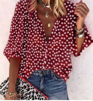 Printed Long Sleeve V-neck Button Ladies Blouse Women