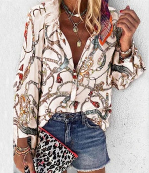 Printed Long Sleeve V-neck Button Ladies Blouse Women