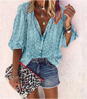 Printed Long Sleeve V-neck Button Ladies Blouse Women