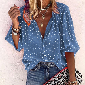 Printed Long Sleeve V-neck Button Ladies Blouse Women