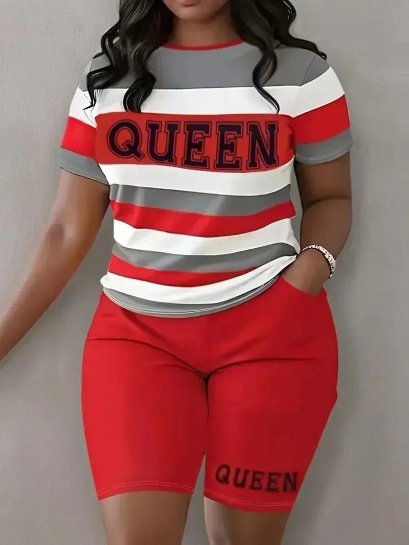 Plus Size Fashion New Large Women's Fashion Large Stripe Printed Women's Set Two Pieces tweed two piece set