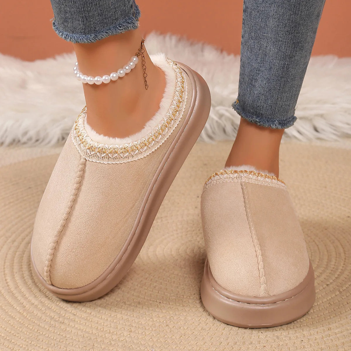 Winter 2025 New Cashmere Warm Thick Sole Heelless Covered Half Mop Cashmere Warm Uggs  Shoes  Slippers  Shoes for Women