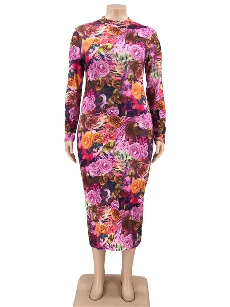 Wmstar Plus Size Dress for Women Vintage Turtleneck Long Sleeve Multi Print Maxi Dresses Fall Clotches Wholesale Dropshipping